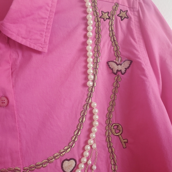 Pink Button Down Blouse with necklaces & beaded embellishments - Picture 8 of 17